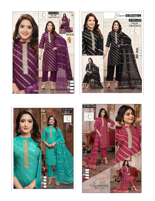 Mandarin Collar 1007 Ramdev Creation Silk Jacquard Readymade Pant Style Suits Wholesale