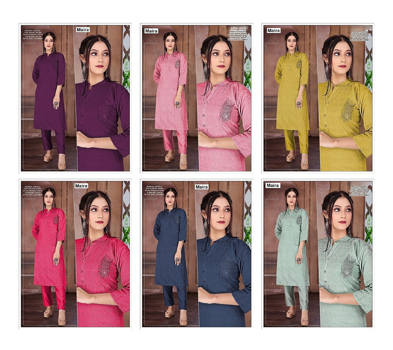 Mandarin Collar 2907 Maira Roman Silk Kurti Pant Set Exporter Ahmedabad