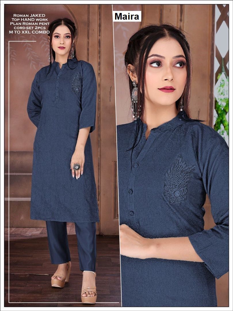 Mandarin Collar 2907 Maira Roman Silk Kurti Pant Set Exporter Ahmedabad