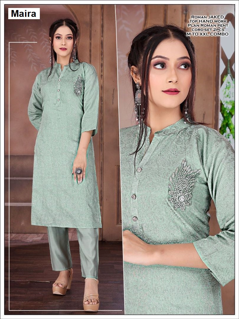 Mandarin Collar 2907 Maira Roman Silk Kurti Pant Set Exporter Ahmedabad