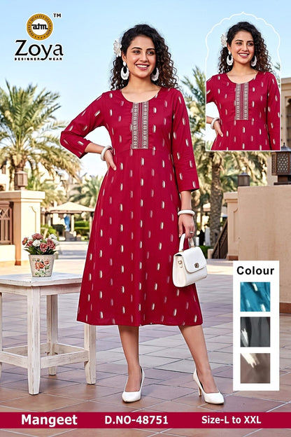 Mangeet 0608 Zoya Rayon Anarkali Kurtis Supplier Gujarat