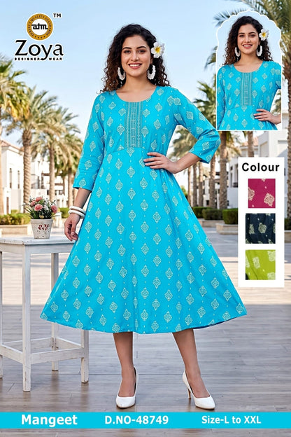 Mangeet 0608 Zoya Rayon Anarkali Kurtis Supplier Gujarat
