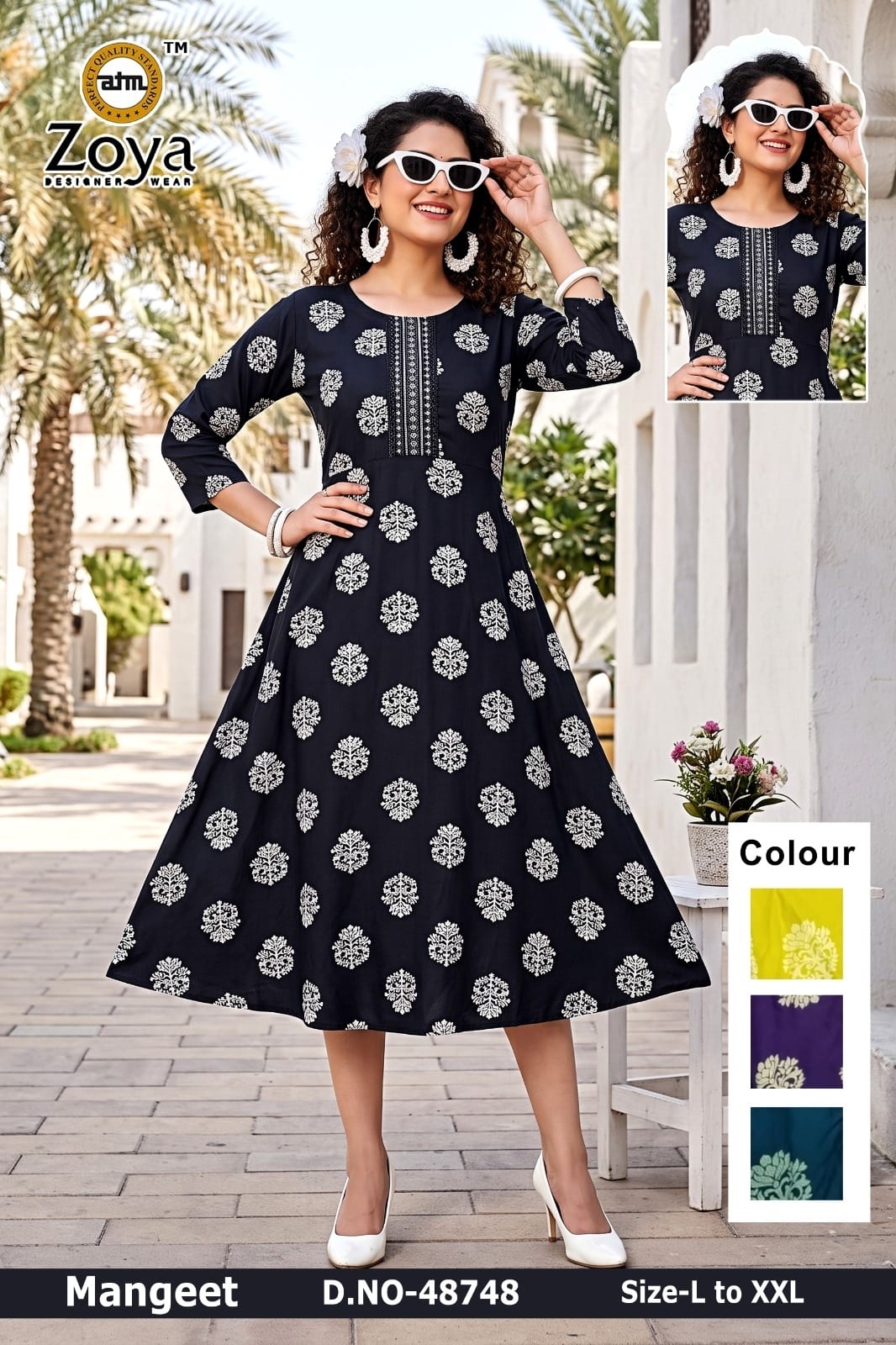 Mangeet 0608 Zoya Rayon Anarkali Kurtis Supplier Gujarat