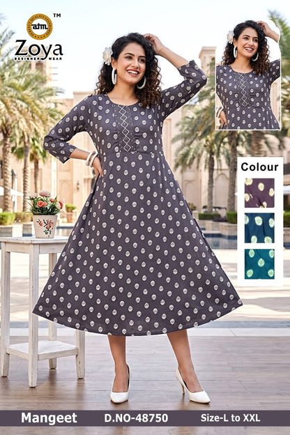 Mangeet 0608 Zoya Rayon Anarkali Kurtis Supplier Gujarat