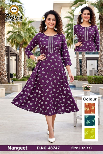 Mangeet 0608 Zoya Rayon Anarkali Kurtis Supplier Gujarat