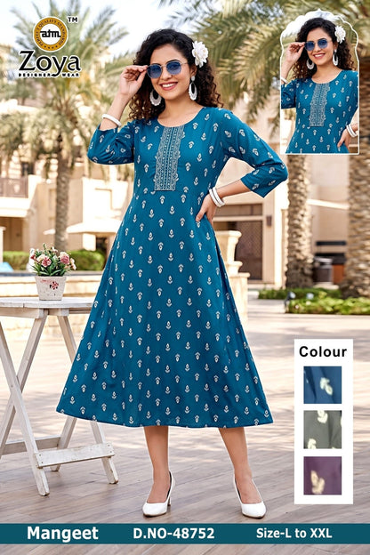 Mangeet 0608 Zoya Rayon Anarkali Kurtis Supplier Gujarat