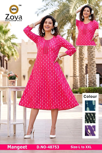 Mangeet 0608 Zoya Rayon Anarkali Kurtis Supplier Gujarat