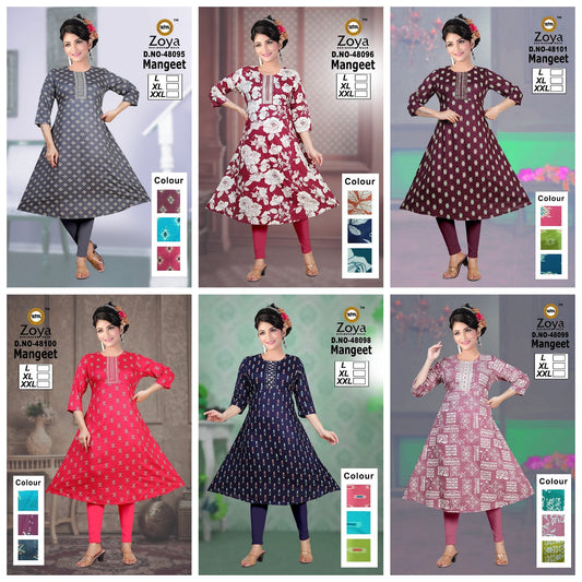 Mangeet 140326 Zoya Rayon Anarkali Kurtis Supplier