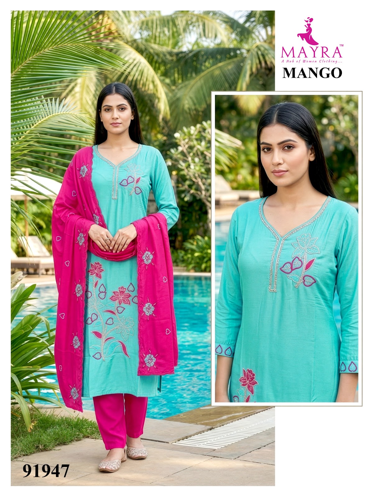 Mango Mayra Roman Silk Readymade Pant Style Suits Manufacturer India
