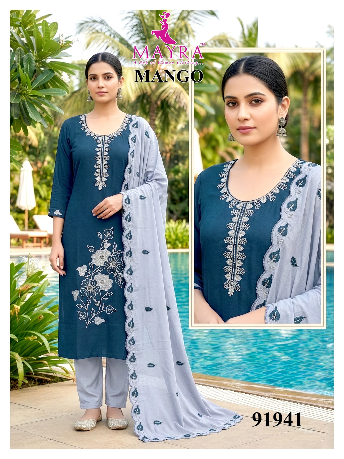 Mango Mayra Roman Silk Readymade Pant Style Suits Manufacturer India