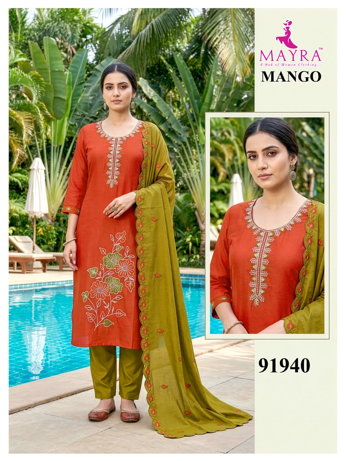 Mango Mayra Roman Silk Readymade Pant Style Suits Manufacturer India