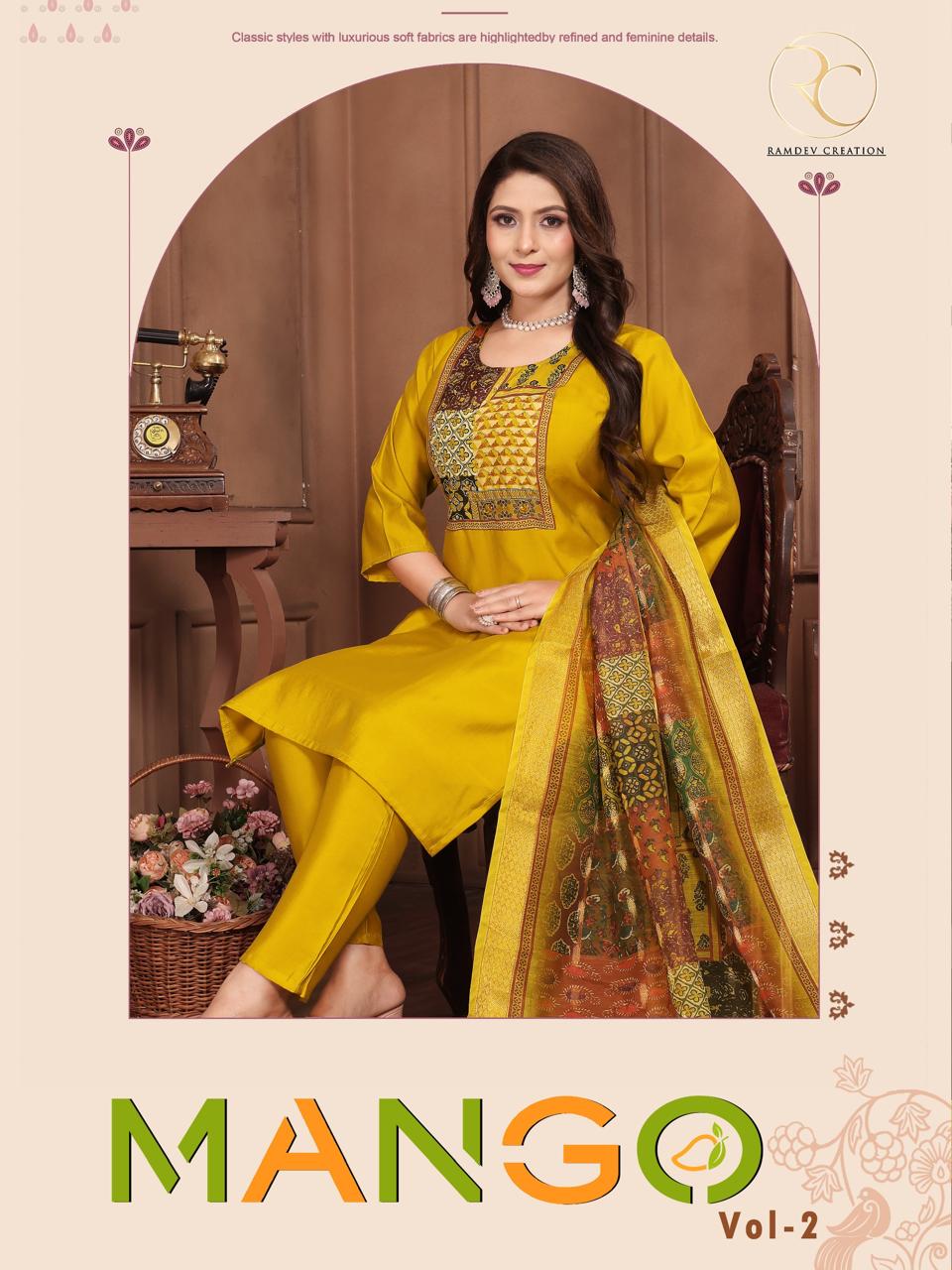 Mango Vol 2 Ramdev Creation Roman Silk Readymade Pant Style Suits Exporter Ahmedabad