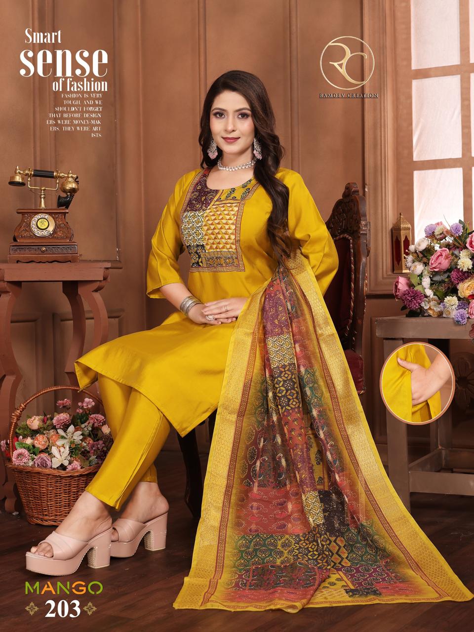Mango Vol 2 Ramdev Creation Roman Silk Readymade Pant Style Suits Exporter Ahmedabad