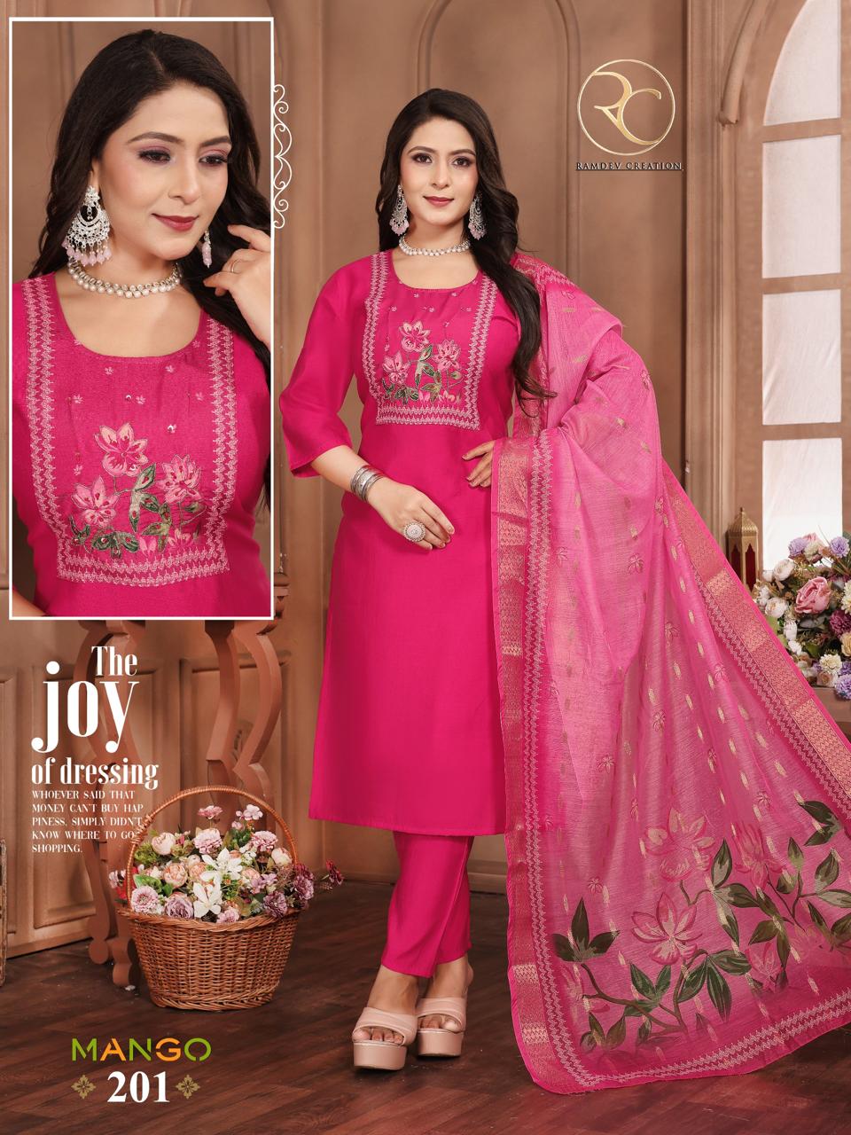 Mango Vol 2 Ramdev Creation Roman Silk Readymade Pant Style Suits Exporter Ahmedabad