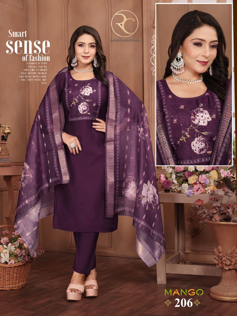Mango Vol 2 Ramdev Creation Roman Silk Readymade Pant Style Suits Exporter Ahmedabad