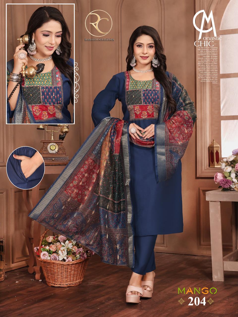 Mango Vol 2 Ramdev Creation Roman Silk Readymade Pant Style Suits Exporter Ahmedabad