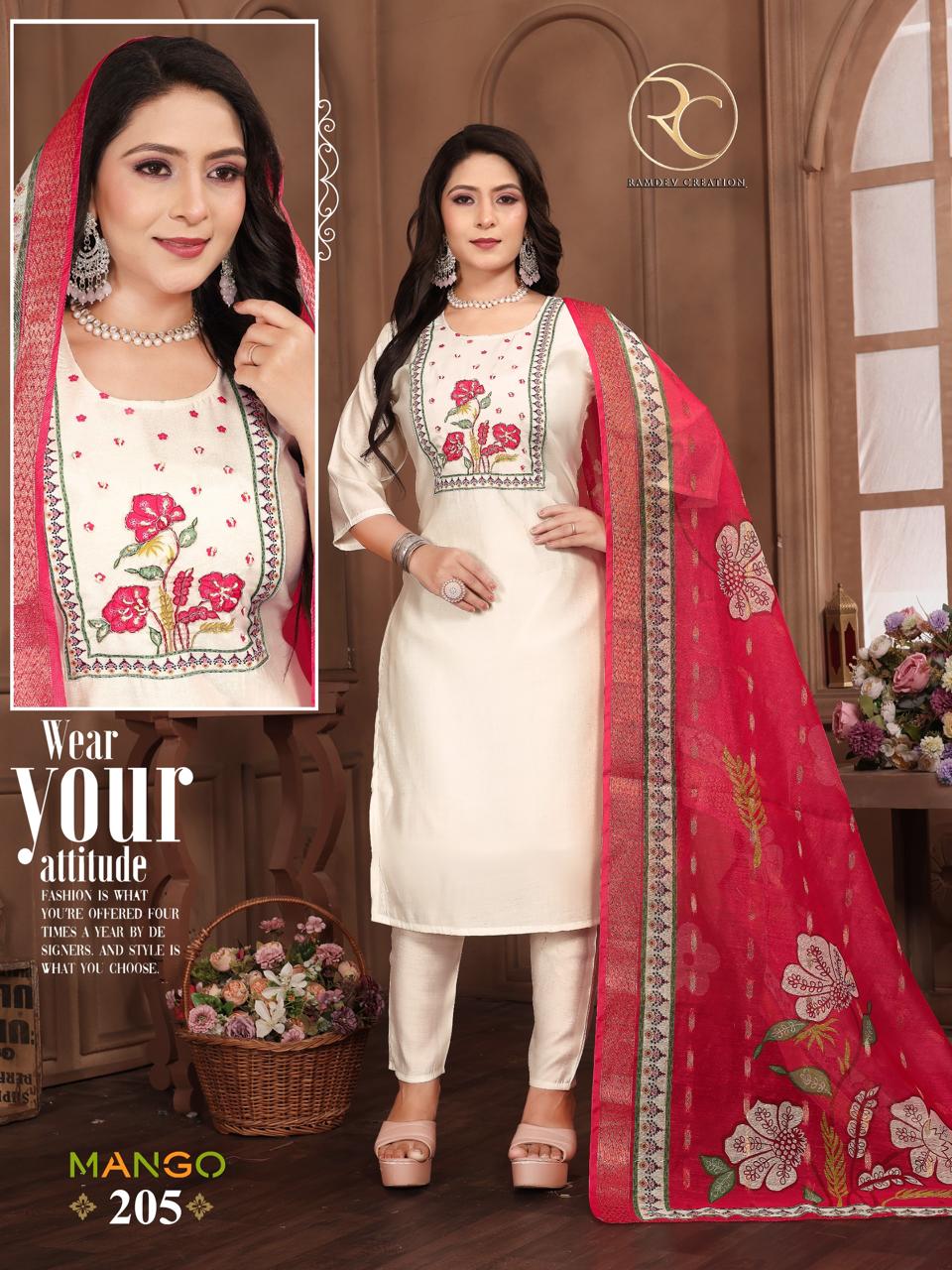 Mango Vol 2 Ramdev Creation Roman Silk Readymade Pant Style Suits Exporter Ahmedabad