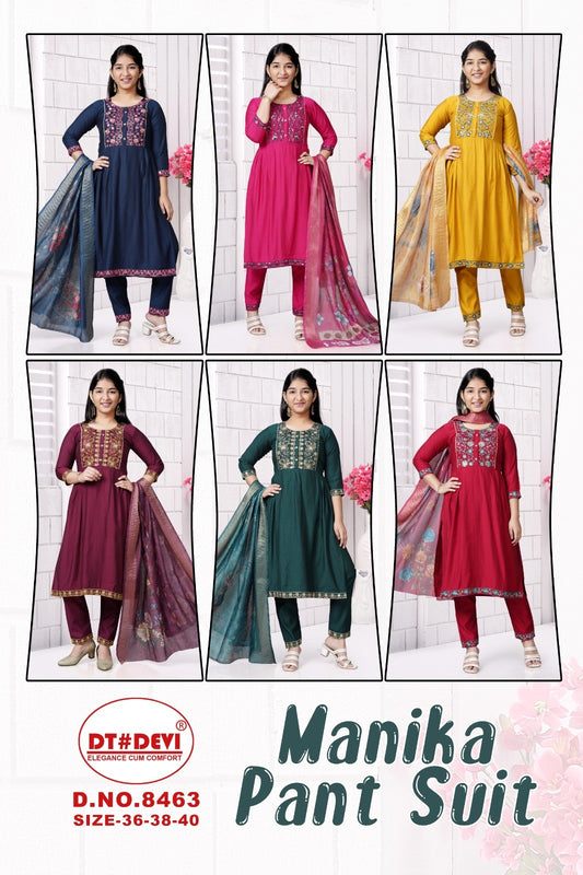 Manika-8463 Dt Devi Heavy Silk Readymade Pant Style Suits Manufacturer Ahmedabad