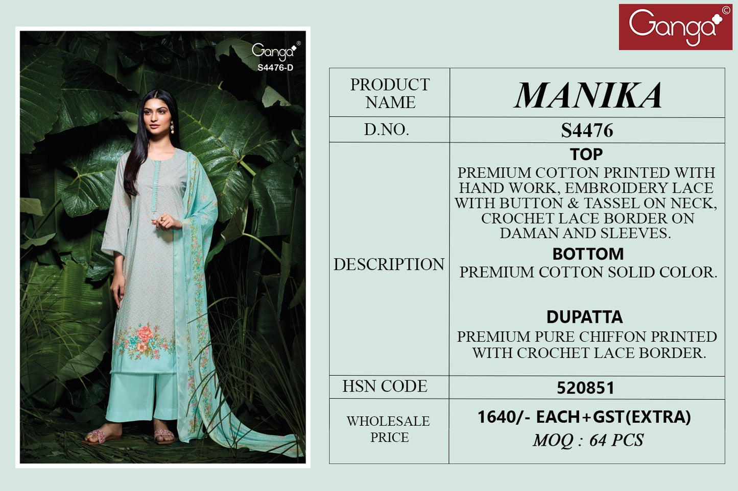 Manika 4476 Ganga Cotton Plazzo Style Suits Wholesale Rate