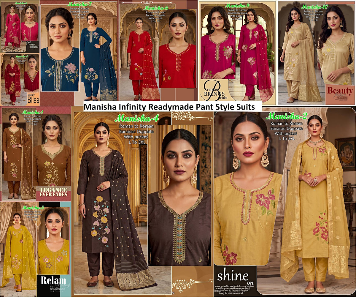 Manisha Infinity Roman Readymade Pant Style Suits Wholesaler India