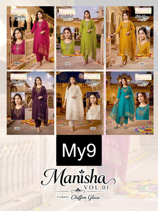 Manisha Vol 1 My9 Chiffon Readymade Pant Style Suits Exporter India