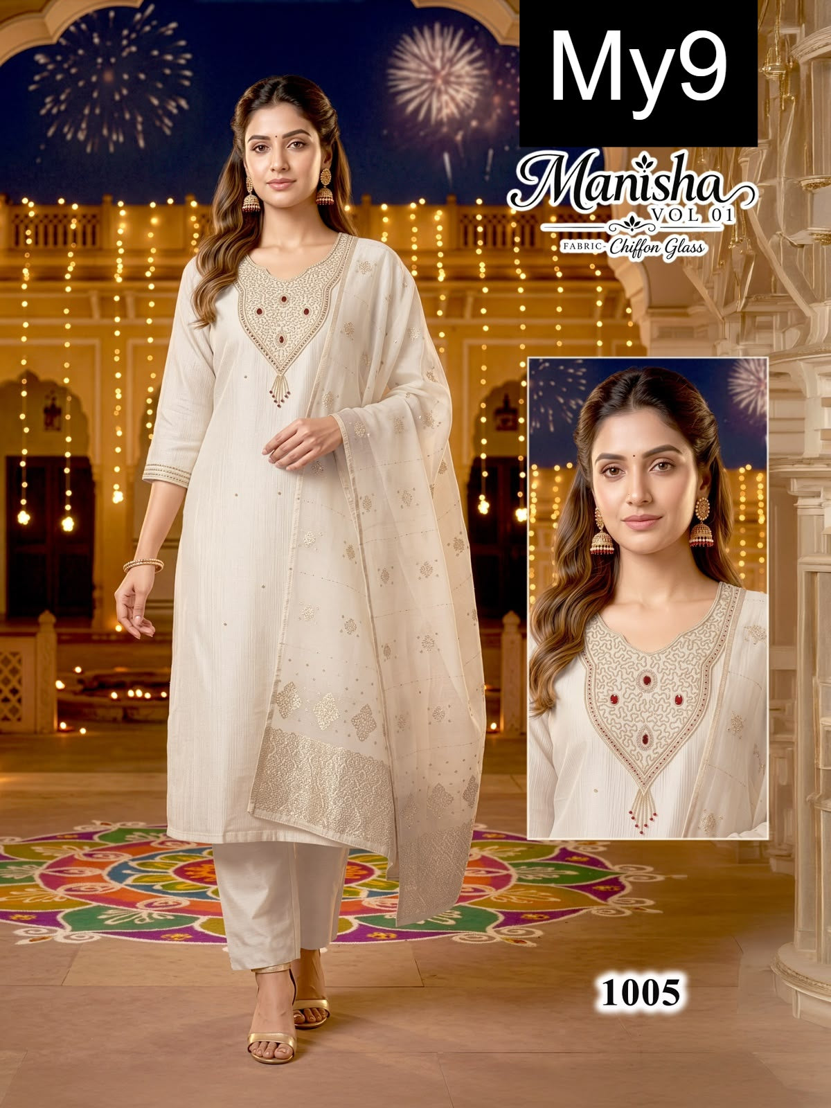 Manisha Vol 1 My9 Chiffon Readymade Pant Style Suits Exporter India