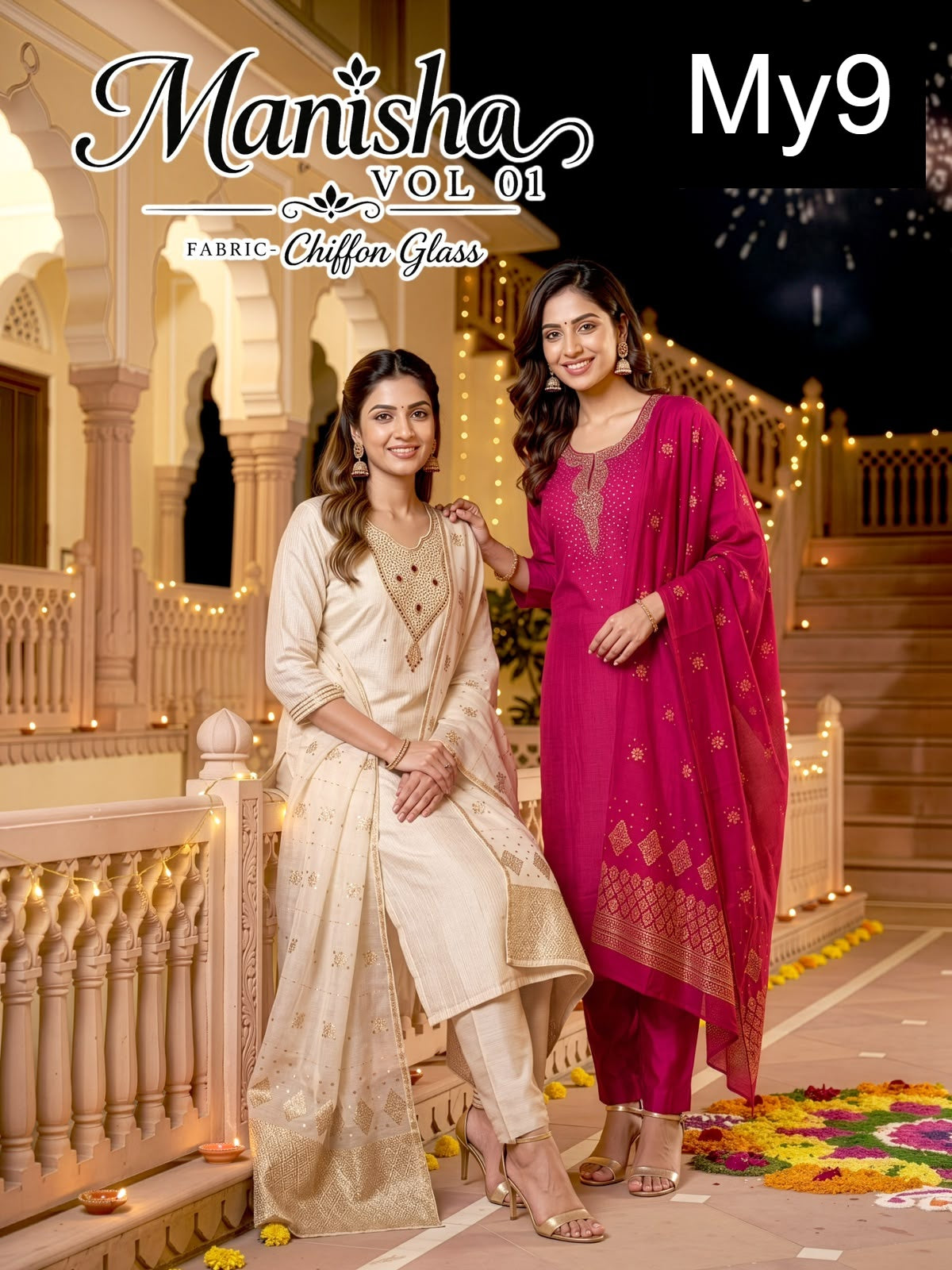 Manisha Vol 1 My9 Chiffon Readymade Pant Style Suits Exporter India