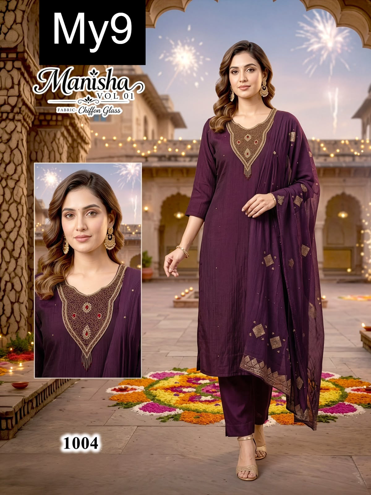Manisha Vol 1 My9 Chiffon Readymade Pant Style Suits Exporter India
