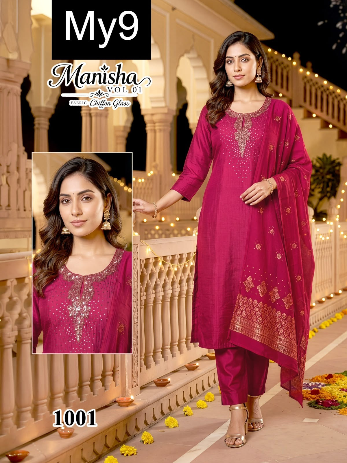 Manisha Vol 1 My9 Chiffon Readymade Pant Style Suits Exporter India