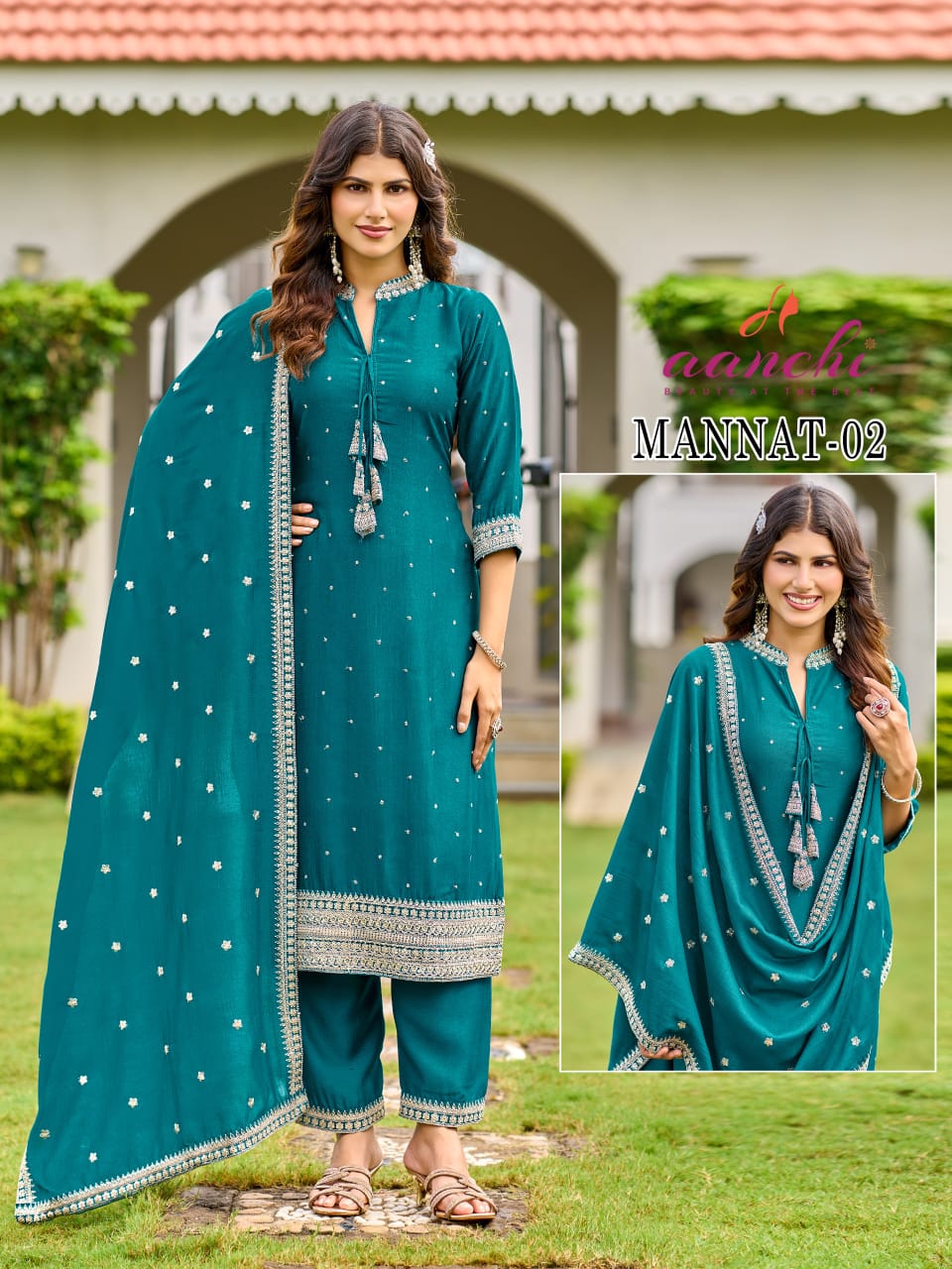 Mannat Aanchi Vichitra Silk Readymade Pant Style Suits Wholesaler