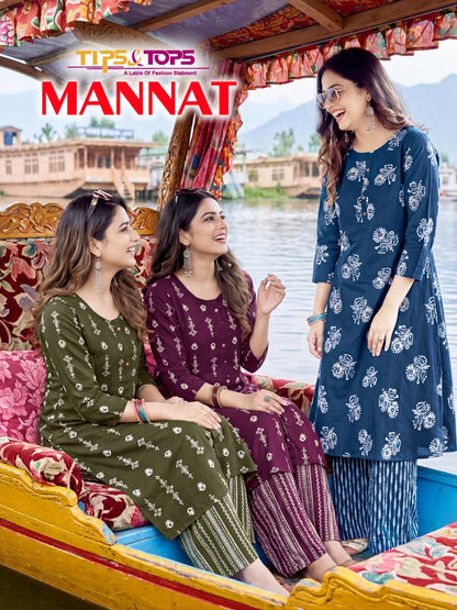 Mannat Tips Tops Reyon Kurti Plazzo Set Supplier