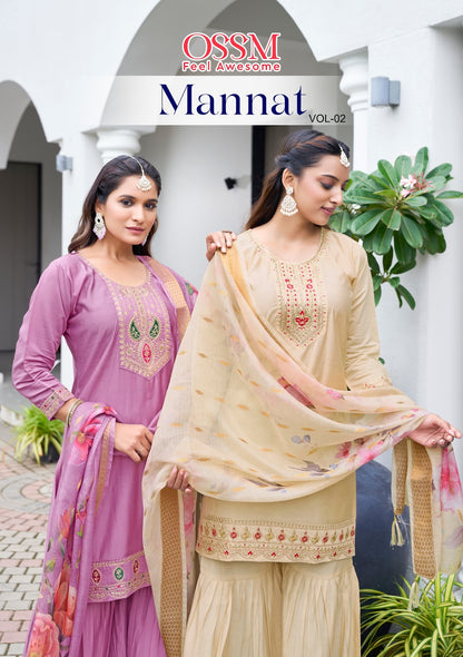 Mannat Vol 2 Ossm Roman Silk Readymade Sharara Suits Exporter Ahmedabad