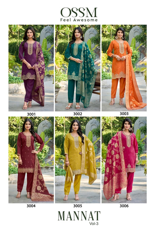 Mannat Vol 3 Ossm Roman Silk Readymade Pant Style Suits Wholesaler Ahmedabad
