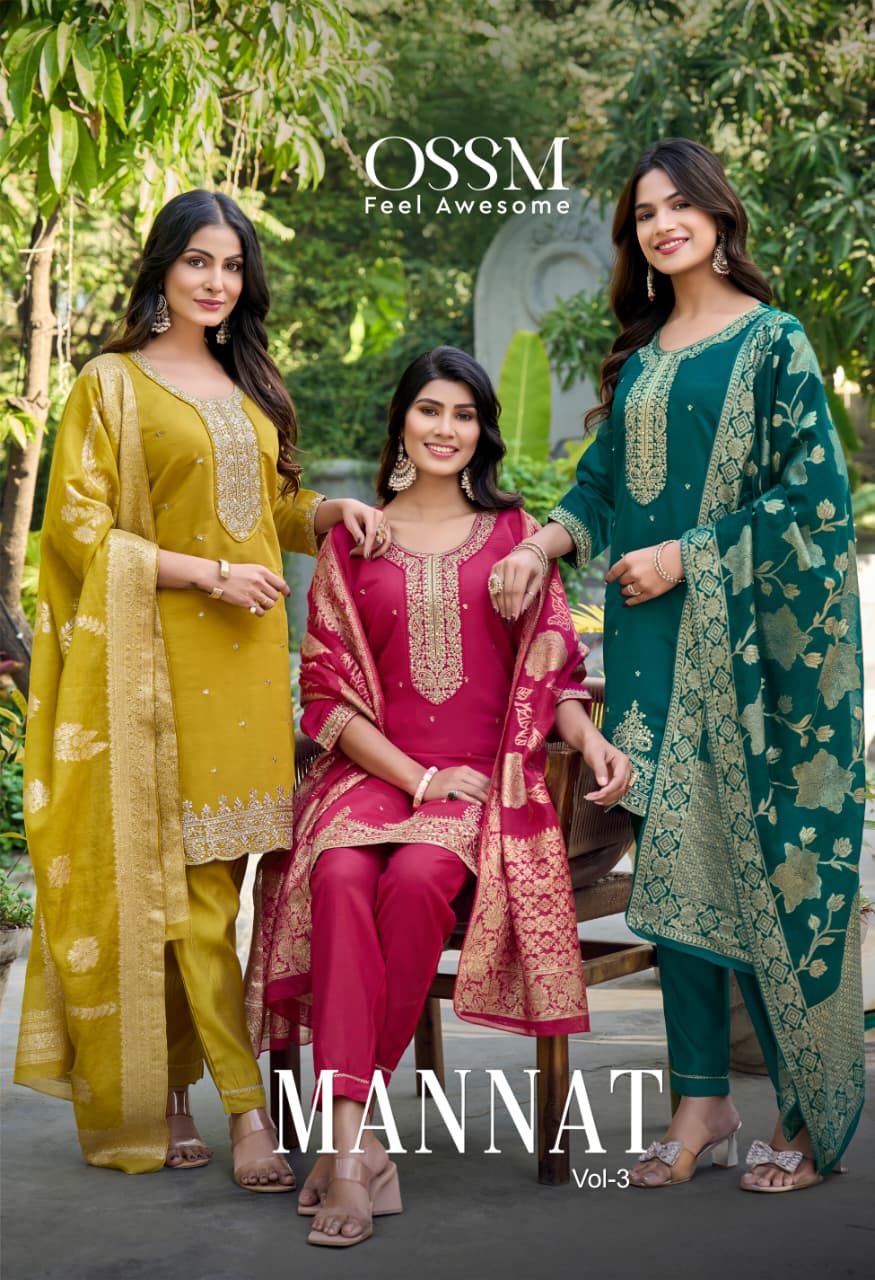 Mannat Vol 3 Ossm Roman Silk Readymade Pant Style Suits Wholesaler Ahmedabad
