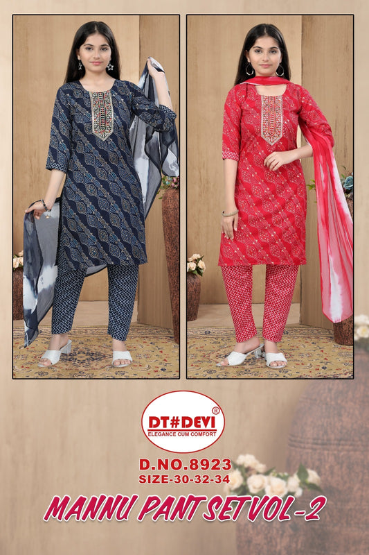 Mannu Vol 2-8923 Dt Devi Rayon Girls Readymade Pant Suits Wholesale Rate