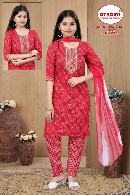 Mannu Vol 2-8923 Dt Devi Rayon Girls Readymade Pant Suits Wholesale Rate