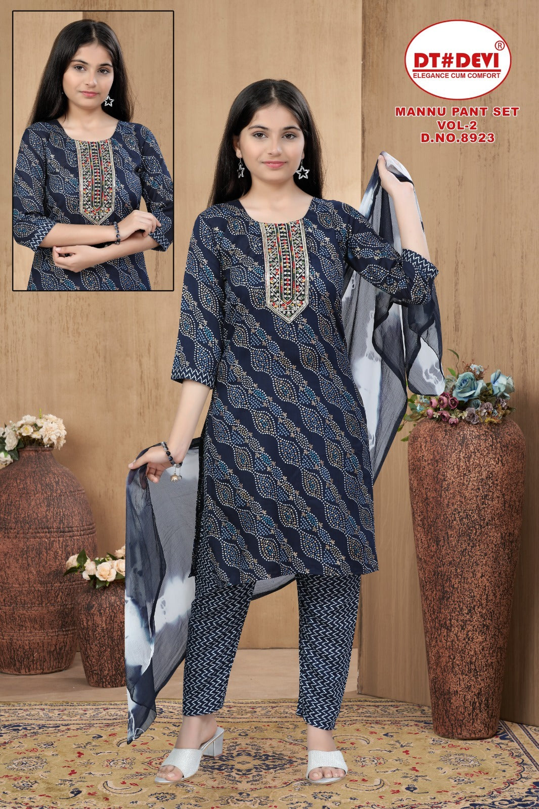 Mannu Vol 2-8923 Dt Devi Rayon Girls Readymade Pant Suits Wholesale Rate