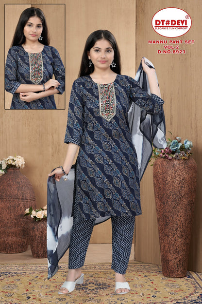 Mannu Vol 2-8923 Dt Devi Rayon Girls Readymade Pant Suits Wholesale Rate