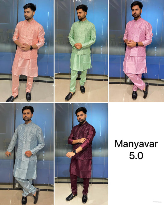 Manyavar 5 With Koti Bluehills Banglori Silk Mens Kurta Pajama Supplier