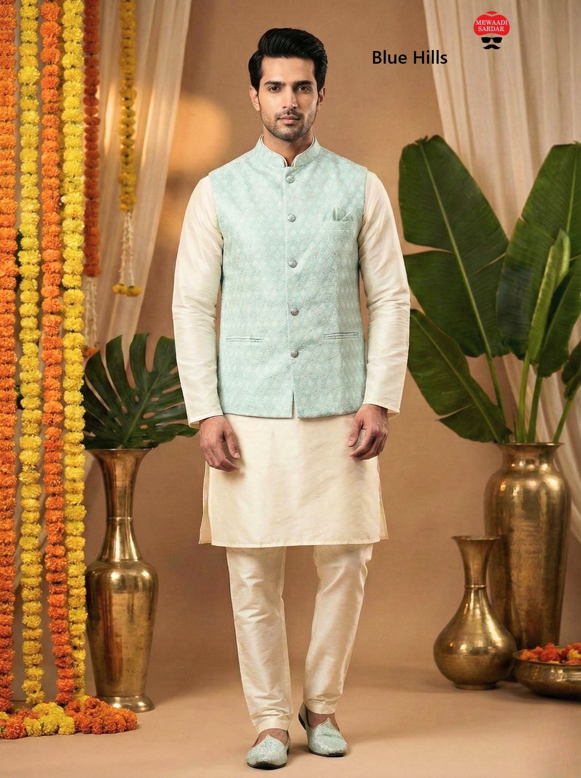Manyavar Nx With Koti Blue Hills Silk Mens Kurta Pajama Manufacturer India