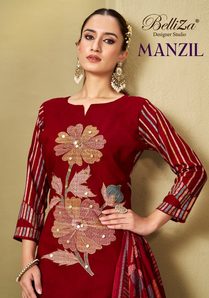Manzil Belliza Designer Studio Viscose Rayon Karachi Salwar Suits Wholesaler Gujarat