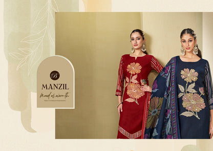 Manzil Belliza Designer Studio Viscose Rayon Karachi Salwar Suits Wholesaler Gujarat