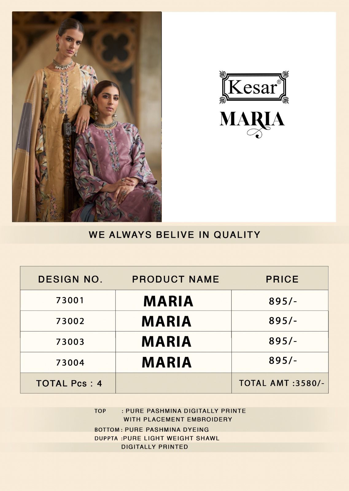 Maria Kesar Pure Pashmina Suits Wholesale Rate