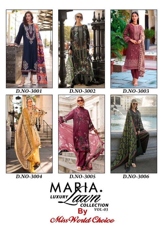 Maria Vol 3 Luxury Lawn Collection Miss World Choice Cotton Karachi Salwar Suits Supplier Gujarat