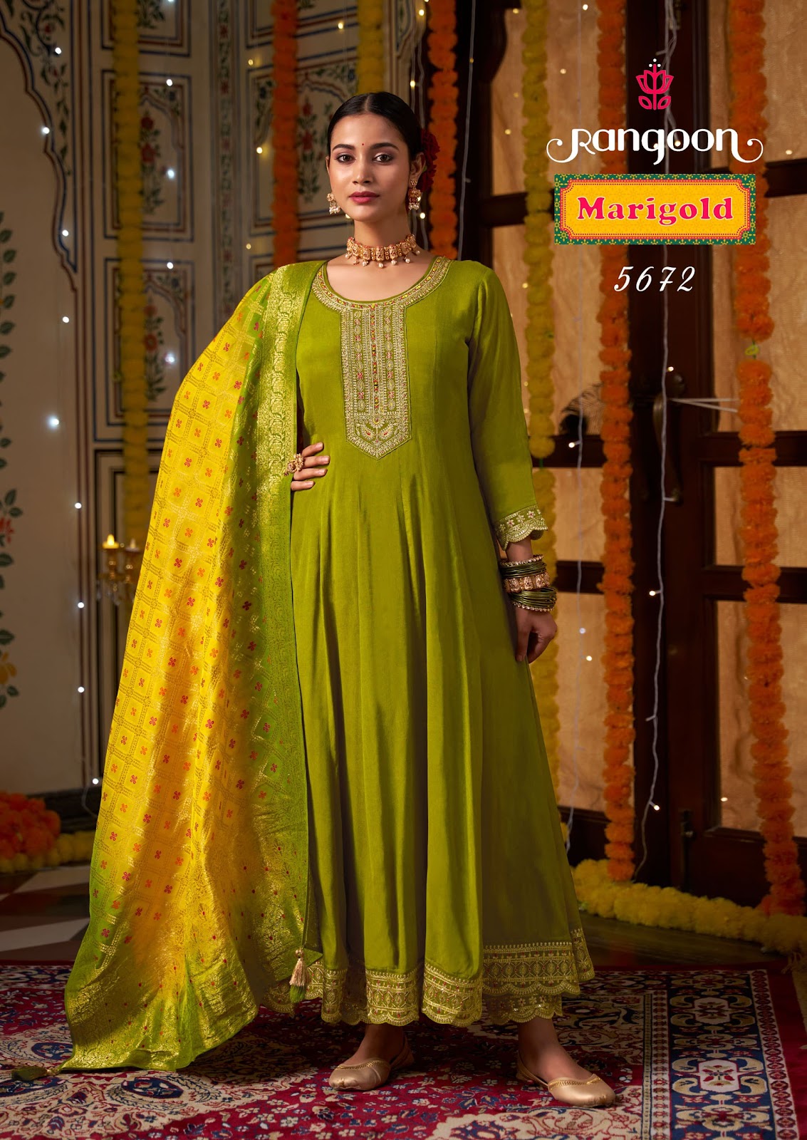 Marigold Rangoon Silk Readymade Anarkali Suits Manufacturer Gujarat