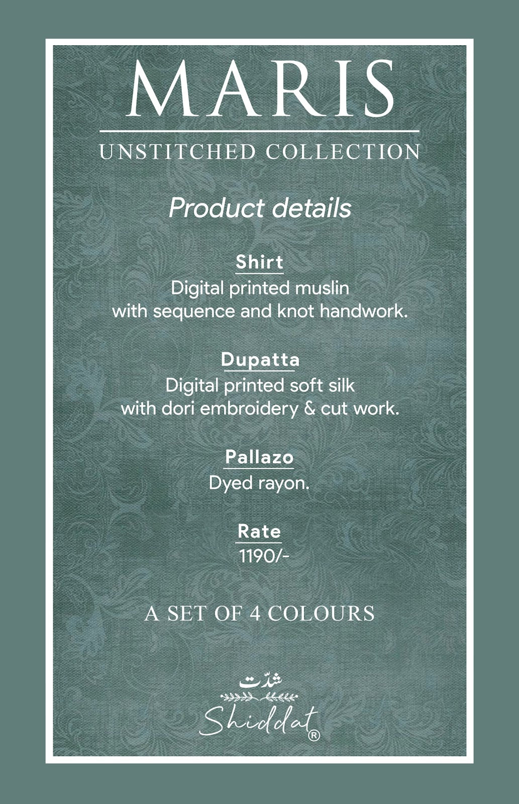 Maris 1002 Shiddat Muslin Pant Style Suits Supplier India