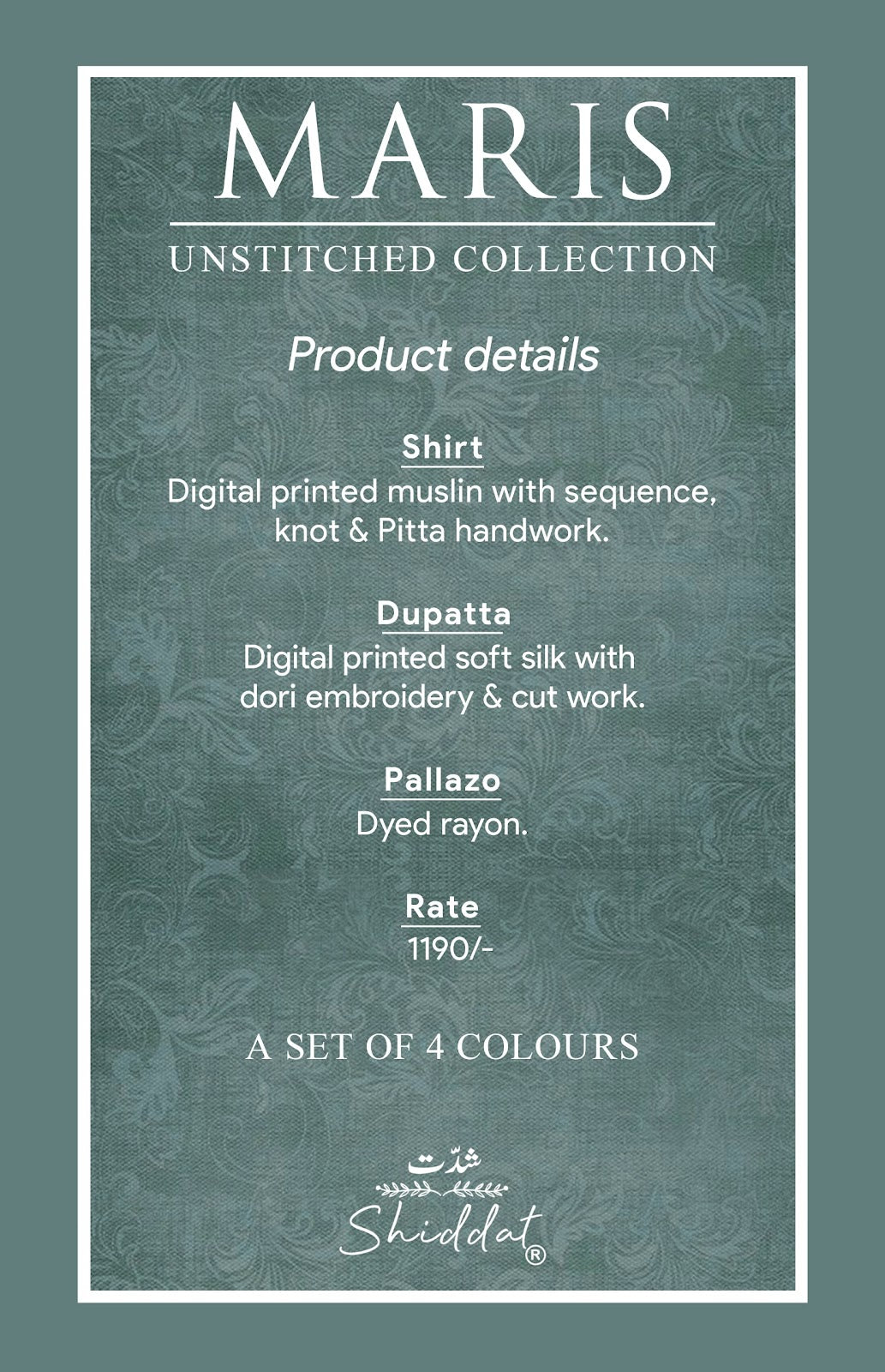 Maris 1009 Shiddat Muslin Pant Style Suits Wholesale Price