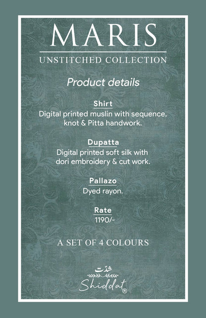 Maris 1009 Shiddat Muslin Pant Style Suits Wholesale Price