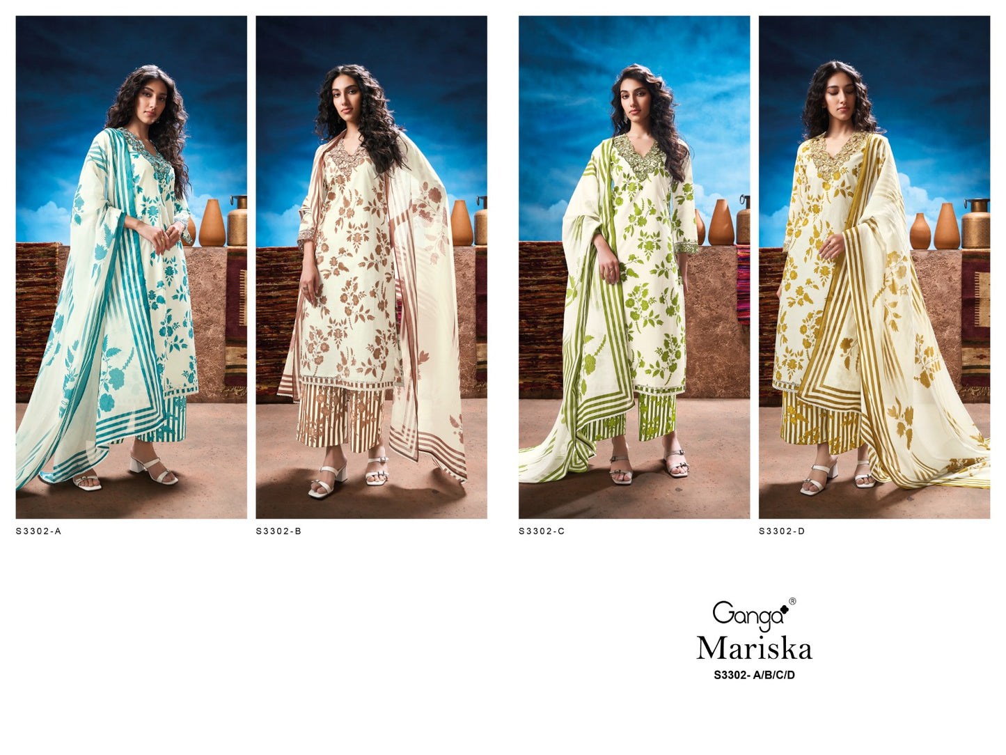 Mariska 3302 Ganga Premium Cotton Plazzo Style Suits Wholesaler Ahmedabad