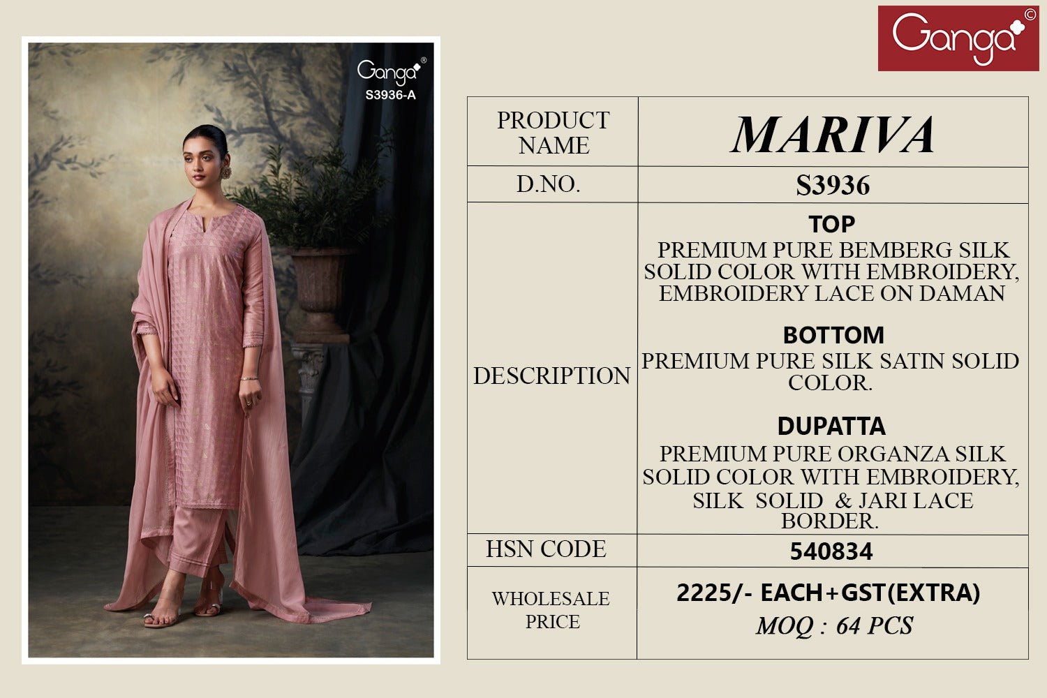 Mariva 3936 Ganga Premium Bemberg Pant Style Suits Wholesaler India